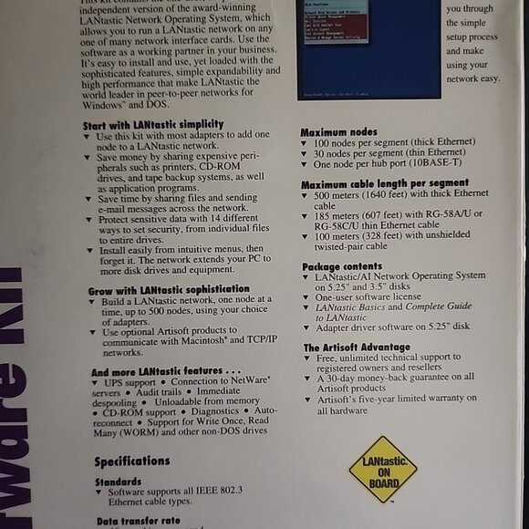 Artisoft LANtastic 5.0 AI Network Single Node Operating System Software Kit - Picture 8 of 12